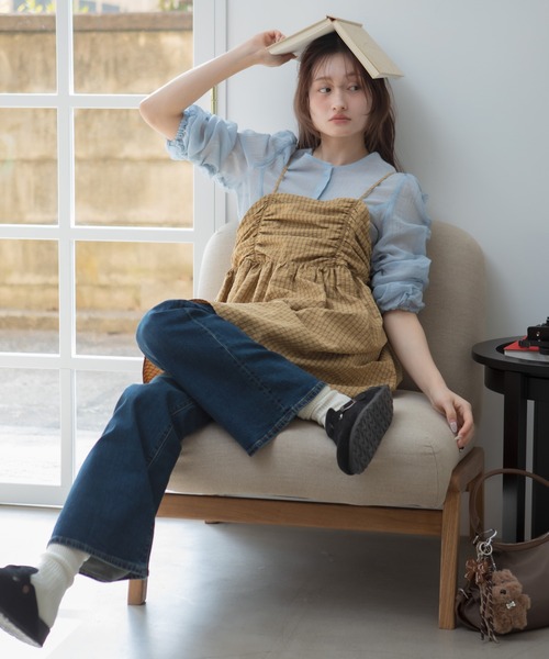 HEILIS(ヘイリス)の「チェックギャザーチュニックキャミソール / チェック柄 キャミ ノースリーブ 韓国 春服 夏服 ガーリー トレンド キャミソール イエロー ブラウン ブルー 茶 黄 青 チュニック トップス(キャミソール・レディース・ブルー/ブラウン・FREE)」の7枚目の写真