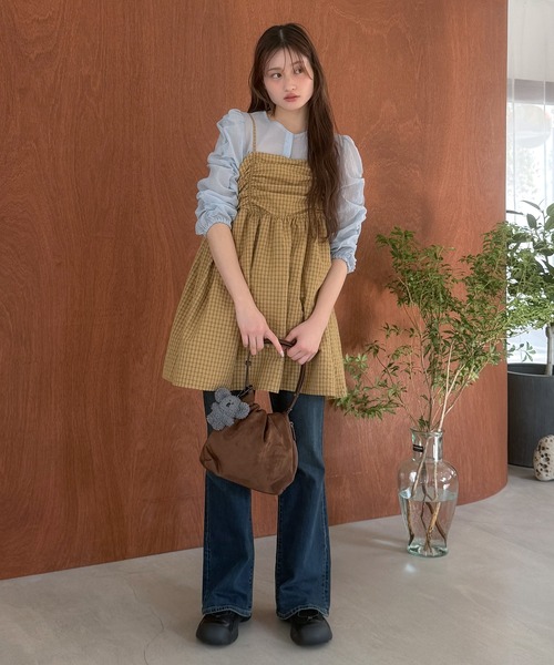 HEILIS(ヘイリス)の「チェックギャザーチュニックキャミソール / チェック柄 キャミ ノースリーブ 韓国 春服 夏服 ガーリー トレンド キャミソール イエロー ブラウン ブルー 茶 黄 青 チュニック トップス(キャミソール・レディース・ブルー/ブラウン・FREE)」の10枚目の写真