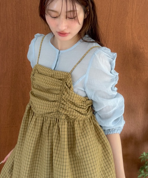 HEILIS(ヘイリス)の「チェックギャザーチュニックキャミソール / チェック柄 キャミ ノースリーブ 韓国 春服 夏服 ガーリー トレンド キャミソール イエロー ブラウン ブルー 茶 黄 青 チュニック トップス(キャミソール・レディース・ブルー/ブラウン・FREE)」の13枚目の写真