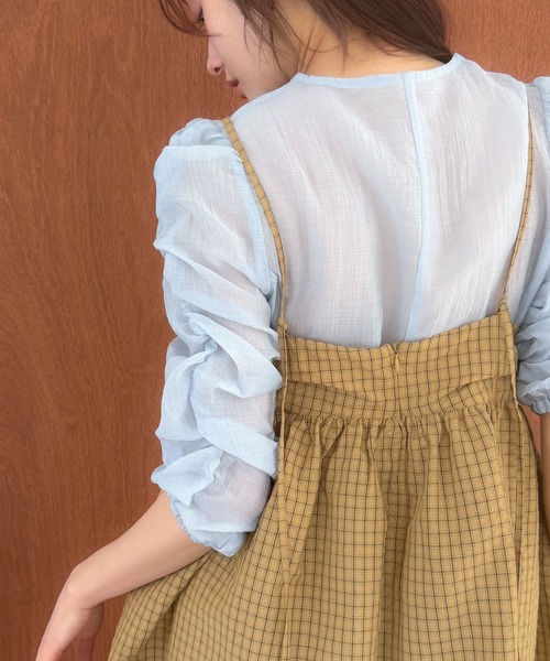 HEILIS(ヘイリス)の「チェックギャザーチュニックキャミソール / チェック柄 キャミ ノースリーブ 韓国 春服 夏服 ガーリー トレンド キャミソール イエロー ブラウン ブルー 茶 黄 青 チュニック トップス(キャミソール・レディース・ブルー/ブラウン・FREE)」の14枚目の写真