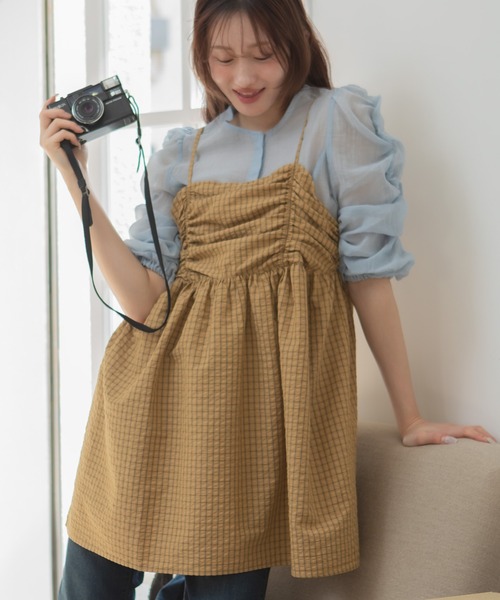 HEILIS(ヘイリス)の「チェックギャザーチュニックキャミソール / チェック柄 キャミ ノースリーブ 韓国 春服 夏服 ガーリー トレンド キャミソール イエロー ブラウン ブルー 茶 黄 青 チュニック トップス(キャミソール・レディース・ブルー/ブラウン・FREE)」の3枚目の写真