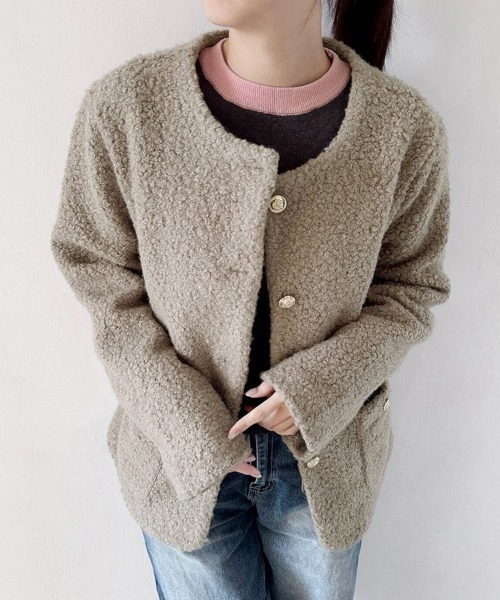 セール】ノーカラーボアジャケット（ノーカラージャケット）｜ONEP