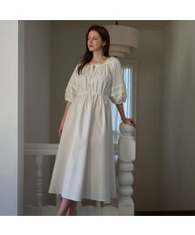 Ribbon Shirring Puff Long Dress [Ivory]