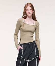 Square Neck Slit T-Shirt, Khaki