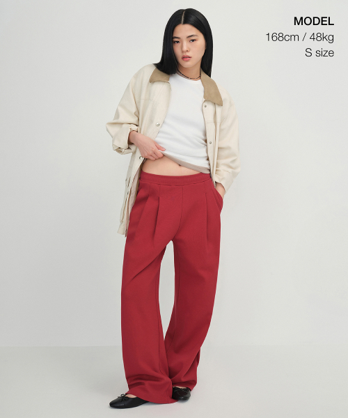 MUSINSA STANDARD WOMAN（ムシンサスタンダードウーマン）の「ウィメンズダブルニットツーピンタックワイドラウンジスウェットパンツ[チリレッド]（スウェットパンツ・レディース・その他・LARGE/SMALL/MEDIUM/X-SMALL）」の2枚目の写真