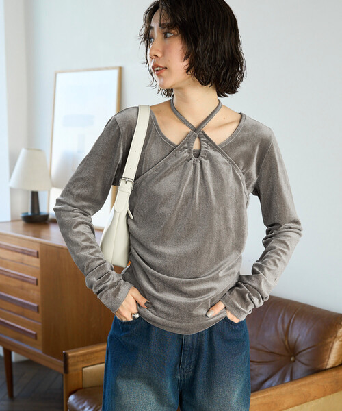 FREAK'S STORE(フリークスストア)の「限定展開 シアー フロッキ ーホルター ネックレイヤード風 ロンTEE(Tシャツ/カットソー・レディース・チャコールグレー/ブラック/ブルー/ナチュラル・フリ-)」の10枚目の写真