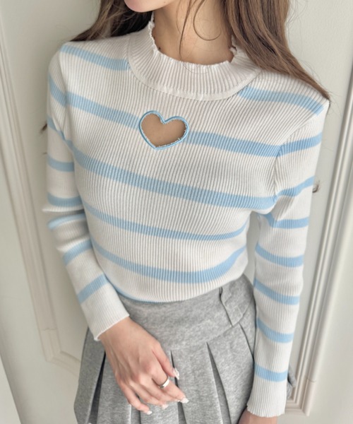 Loueme(ルエム)の「オープンハートボーダーリブトップス(Tシャツ/カットソー・レディース・ライトブルー/ホワイト/ブラック・FREE)」の4枚目の写真