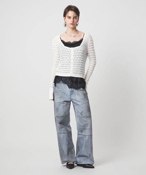 ASTRAET（アストラット）の「＜ASTRAET＞12G アイレット スクエアネックカーディガン（カーディガン/ボレロ・レディース・ホワイト/ブラック・FREE）」の3枚目の写真