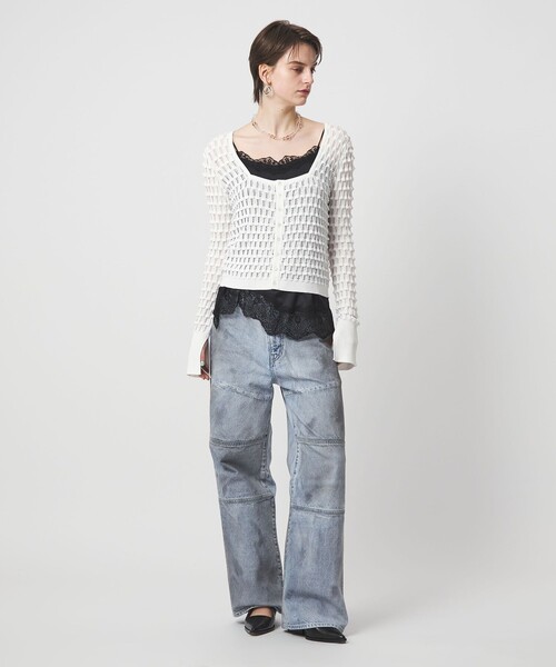 ASTRAET（アストラット）の「＜ASTRAET＞12G アイレット スクエアネックカーディガン（カーディガン/ボレロ・レディース・ホワイト/ブラック・FREE）」の4枚目の写真