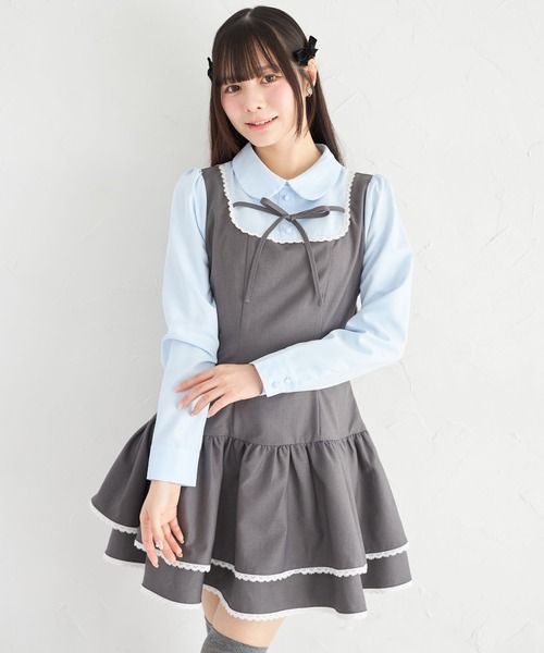 Suyunn(スユン)の「リボン付きラインレース装飾シャツ切り替えワンピース(ワンピース・レディース・ブラウン/チャコールグレー・M)」の4枚目の写真