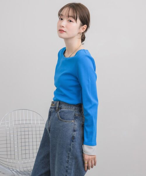 RETRO GIRL(レトロガール)の「ラメ袖ドッキングCT(Tシャツ/カットソー・レディース・ブルー/オフホワイト/ブラック・FREE)」の5枚目の写真
