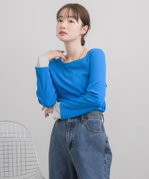 RETRO GIRL(レトロガール)の「ラメ袖ドッキングCT(Tシャツ/カットソー・レディース・ブルー/オフホワイト/ブラック・FREE)」の6枚目の写真