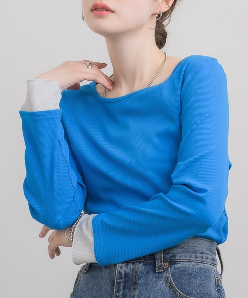 RETRO GIRL(レトロガール)の「ラメ袖ドッキングCT(Tシャツ/カットソー・レディース・ブルー/オフホワイト/ブラック・FREE)」の3枚目の写真