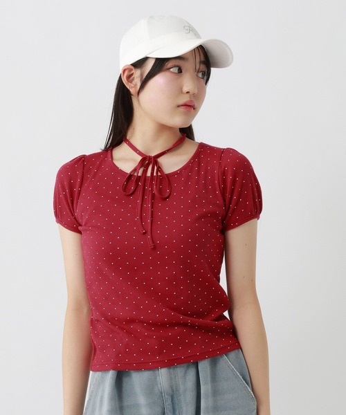 Ameri VINTAGE - FUZZYKON リバーシブル チョーカー トップス 半袖 Tシャツ セール】ドットリボンチョーカーTシャツ（Tシャツ/カットソー