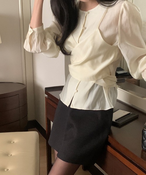 Aelina（エリナ）の「リボンクロスティアードシャツ（シャツ/ブラウス・レディース・ベージュ/ピンク/グリーン・FREE）」の22枚目の写真