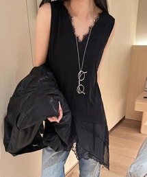 レースレイヤードノースリーブチュニックトップス/ミニワンピース