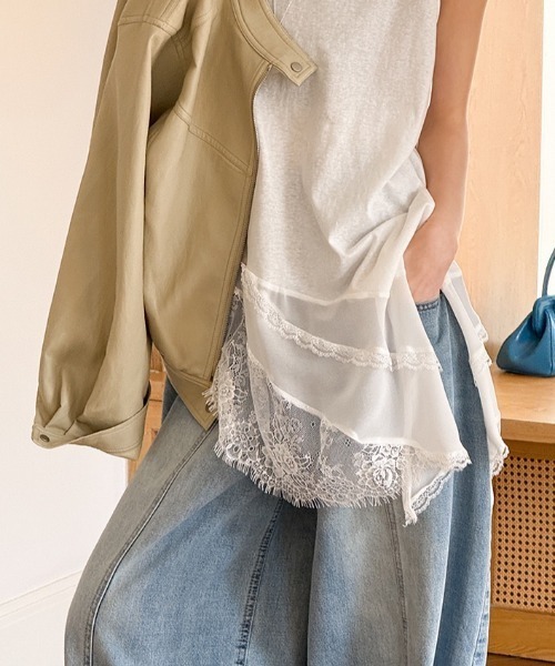 yuue' ( wear )(ユーイ)の「レースレイヤードノースリーブチュニックトップス/ミニワンピース(Tシャツ/カットソー・レディース・ブラック/ホワイト・FREE)」の6枚目の写真