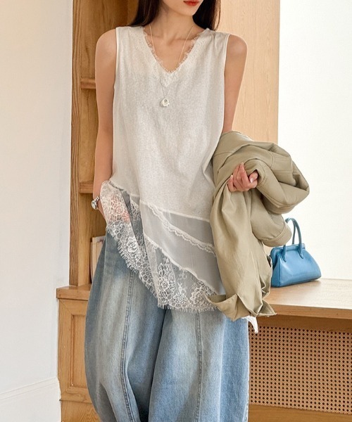yuue' ( wear )(ユーイ)の「レースレイヤードノースリーブチュニックトップス/ミニワンピース(Tシャツ/カットソー・レディース・ブラック/ホワイト・FREE)」の7枚目の写真