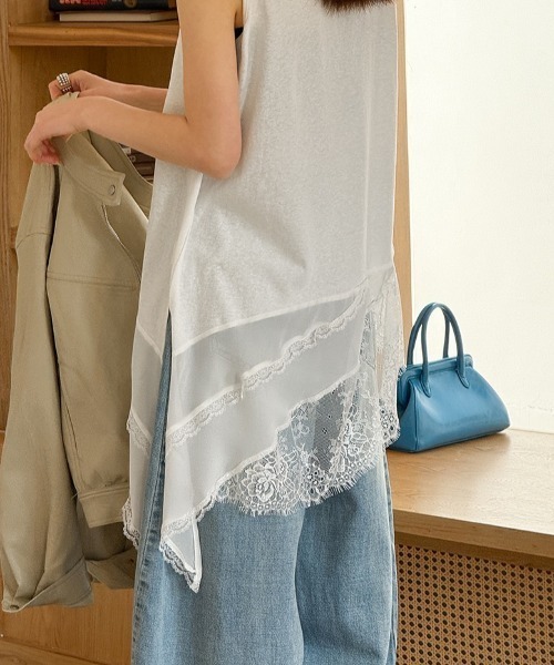 yuue' ( wear )(ユーイ)の「レースレイヤードノースリーブチュニックトップス/ミニワンピース(Tシャツ/カットソー・レディース・ブラック/ホワイト・FREE)」の8枚目の写真
