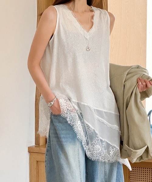 yuue' ( wear )(ユーイ)の「レースレイヤードノースリーブチュニックトップス/ミニワンピース(Tシャツ/カットソー・レディース・ブラック/ホワイト・FREE)」の9枚目の写真