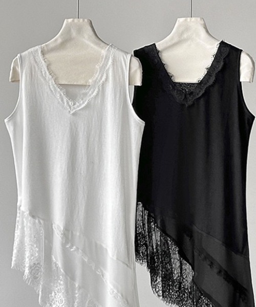 yuue' ( wear )(ユーイ)の「レースレイヤードノースリーブチュニックトップス/ミニワンピース(Tシャツ/カットソー・レディース・ブラック/ホワイト・FREE)」の22枚目の写真