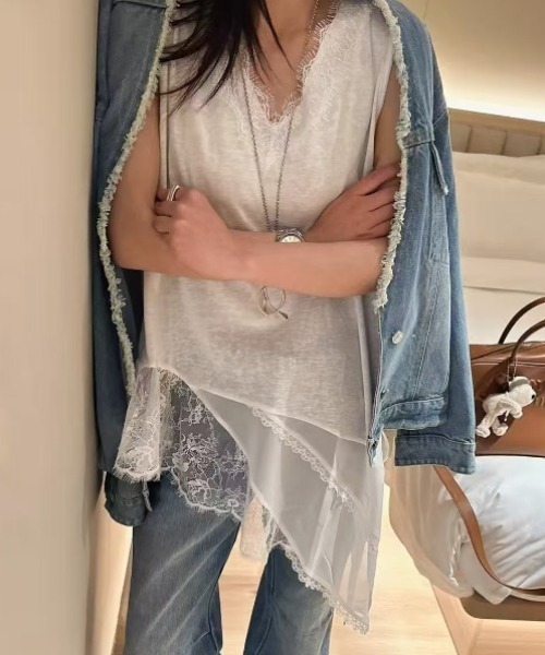 yuue' ( wear )(ユーイ)の「レースレイヤードノースリーブチュニックトップス/ミニワンピース(Tシャツ/カットソー・レディース・ブラック/ホワイト・FREE)」の11枚目の写真