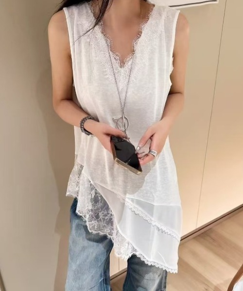 yuue' ( wear )(ユーイ)の「レースレイヤードノースリーブチュニックトップス/ミニワンピース(Tシャツ/カットソー・レディース・ブラック/ホワイト・FREE)」の12枚目の写真