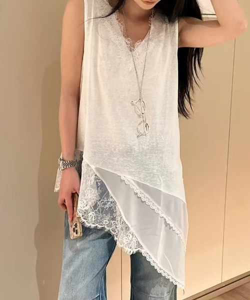 yuue' ( wear )(ユーイ)の「レースレイヤードノースリーブチュニックトップス/ミニワンピース(Tシャツ/カットソー・レディース・ブラック/ホワイト・FREE)」の13枚目の写真