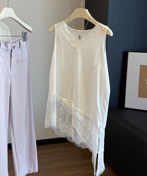 yuue' ( wear )(ユーイ)の「レースレイヤードノースリーブチュニックトップス/ミニワンピース(Tシャツ/カットソー・レディース・ブラック/ホワイト・FREE)」の19枚目の写真