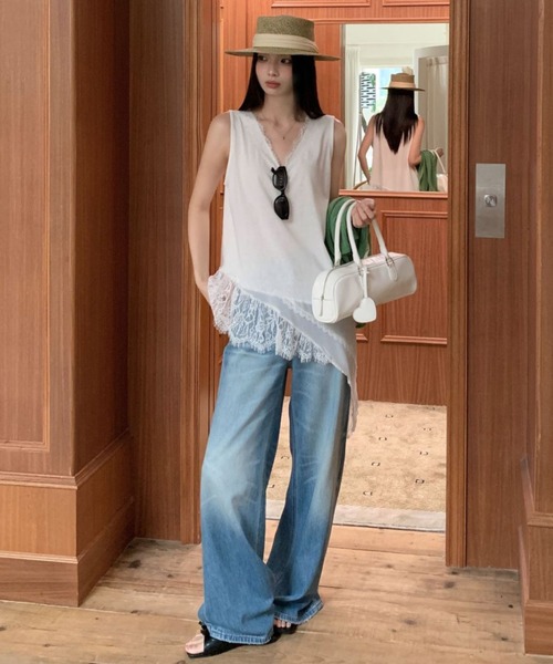 yuue' ( wear )(ユーイ)の「レースレイヤードノースリーブチュニックトップス/ミニワンピース(Tシャツ/カットソー・レディース・ブラック/ホワイト・FREE)」の17枚目の写真