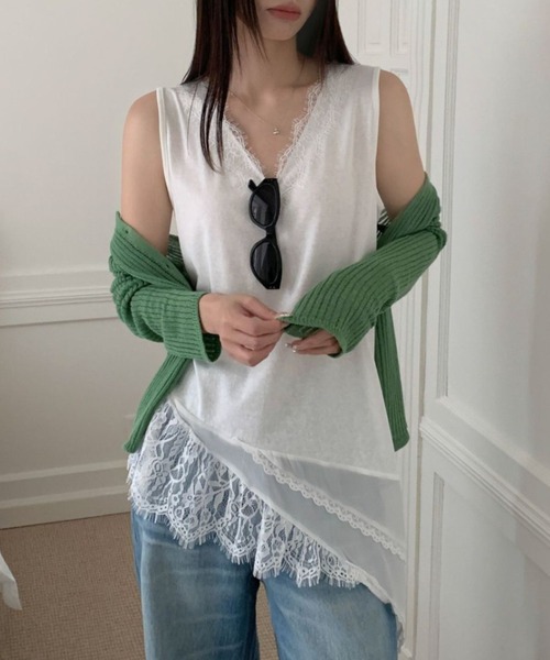 yuue' ( wear )(ユーイ)の「レースレイヤードノースリーブチュニックトップス/ミニワンピース(Tシャツ/カットソー・レディース・ブラック/ホワイト・FREE)」の14枚目の写真