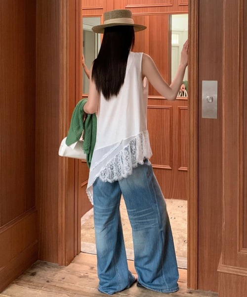 yuue' ( wear )(ユーイ)の「レースレイヤードノースリーブチュニックトップス/ミニワンピース(Tシャツ/カットソー・レディース・ブラック/ホワイト・FREE)」の18枚目の写真