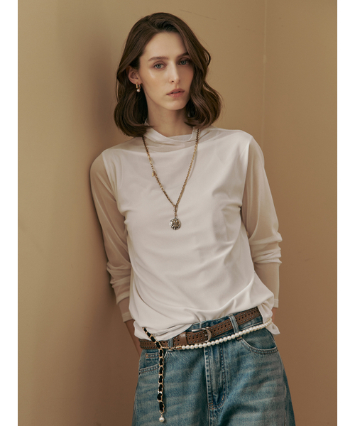 MAXZA(マージャコレクション)の「ハイネックシースルーレイヤード長袖Tシャツ(ホワイト/ベージュ)(Tシャツ/カットソー・レディース・ベージュ/ホワイト・FREE)」の4枚目の写真