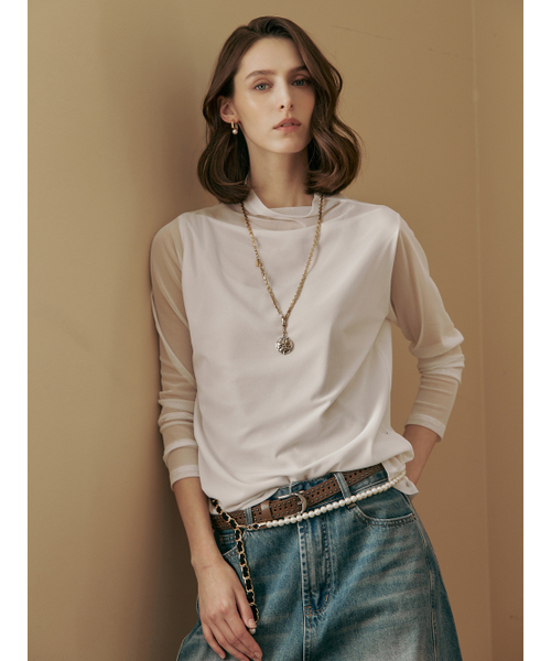 MAXZA(マージャコレクション)の「ハイネックシースルーレイヤード長袖Tシャツ(ホワイト/ベージュ)(Tシャツ/カットソー・レディース・ベージュ/ホワイト・FREE)」の6枚目の写真