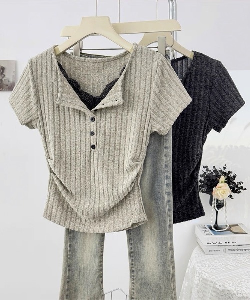 yuue' ( wear )(ユーイ)の「レース付きヘンリーネックリブ半袖トップス(Tシャツ/カットソー・レディース・チャコールグレー/オートミール・FREE)」の16枚目の写真