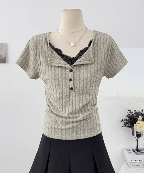 yuue' ( wear )(ユーイ)の「レース付きヘンリーネックリブ半袖トップス(Tシャツ/カットソー・レディース・チャコールグレー/オートミール・FREE)」の14枚目の写真