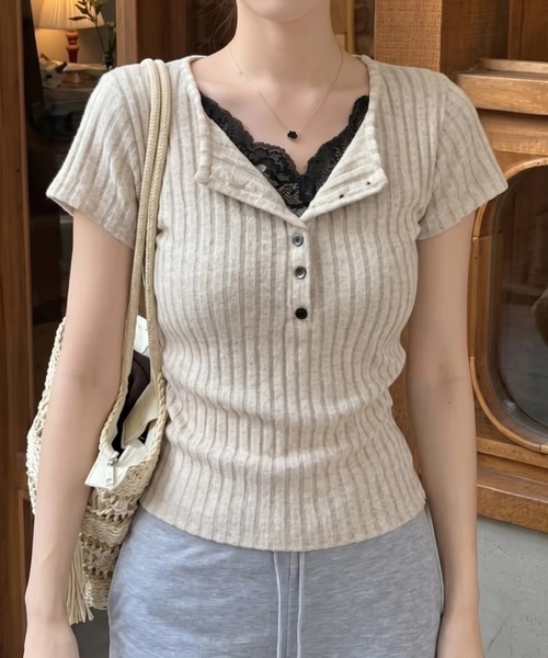 yuue' ( wear )(ユーイ)の「レース付きヘンリーネックリブ半袖トップス(Tシャツ/カットソー・レディース・チャコールグレー/オートミール・FREE)」の9枚目の写真