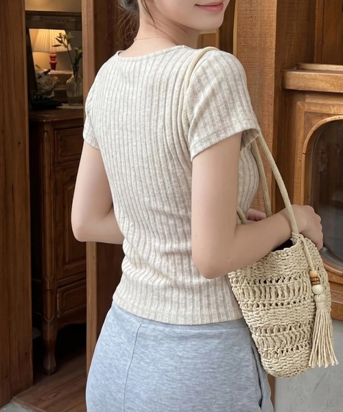 yuue' ( wear )(ユーイ)の「レース付きヘンリーネックリブ半袖トップス(Tシャツ/カットソー・レディース・チャコールグレー/オートミール・FREE)」の10枚目の写真