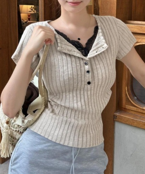 yuue' ( wear )(ユーイ)の「レース付きヘンリーネックリブ半袖トップス(Tシャツ/カットソー・レディース・チャコールグレー/オートミール・FREE)」の11枚目の写真