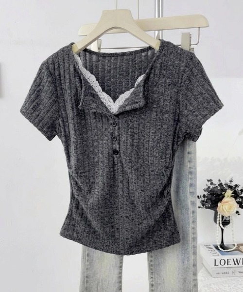 yuue' ( wear )(ユーイ)の「レース付きヘンリーネックリブ半袖トップス(Tシャツ/カットソー・レディース・チャコールグレー/オートミール・FREE)」の8枚目の写真