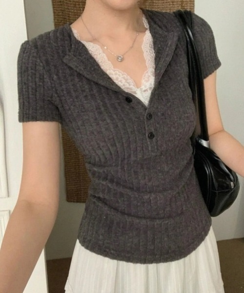 yuue' ( wear )(ユーイ)の「レース付きヘンリーネックリブ半袖トップス(Tシャツ/カットソー・レディース・チャコールグレー/オートミール・FREE)」の4枚目の写真
