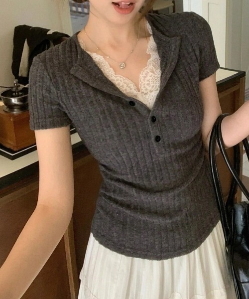 yuue' ( wear )(ユーイ)の「レース付きヘンリーネックリブ半袖トップス(Tシャツ/カットソー・レディース・チャコールグレー/オートミール・FREE)」の7枚目の写真