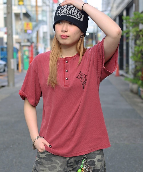 2サイズ展開 / UNISEX 》クロスロゴ刺繍 ヘンリーネック サーマル半袖