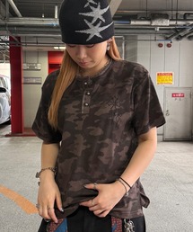 《2サイズ展開 / UNISEX 》クロスロゴ刺繍 ヘンリーネック サーマル半袖Tシャツ