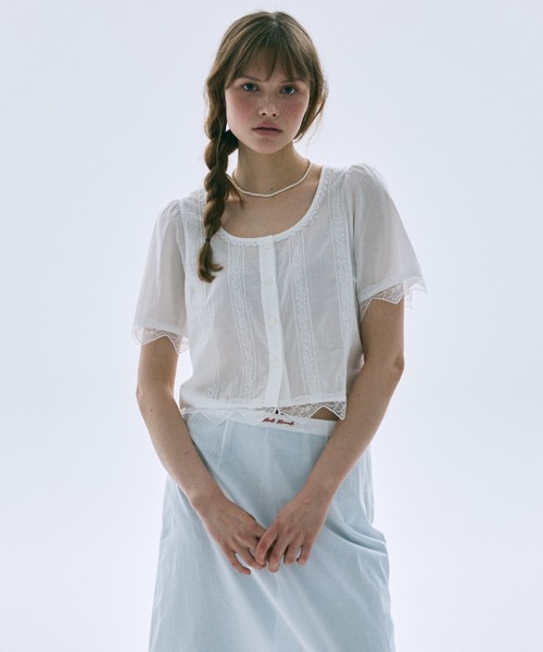 Mardi Mercredi(マルディメクルディ)の「SHEER COTTON CROPPED BLOUSE LACE / シアー コットン クロップド ブラウス レース(シャツ/ブラウス・レディース・ホワイト/ブラック・FREE)」の8枚目の写真
