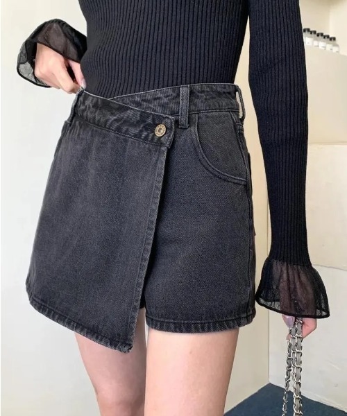 BIRTHDAY BASH(バースデイバッシュ)の「DECORATIVE DENIM SHORT PANTS(デコラティヴデニムショートパンツ)(デニムパンツ・レディース・ブルー/ダークグレー・SMALL/MEDIUM)」の1枚目の写真