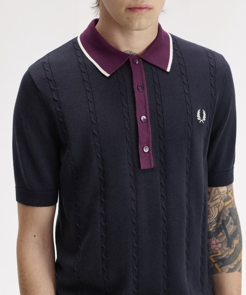 FRED PERRY(フレッドペリー)の「Cable Knit Shirt/ケーブルニットポロシャツ(ポロシャツ・メンズ・ダークグリーン/ネイビー・L/M/S)」の4枚目の写真