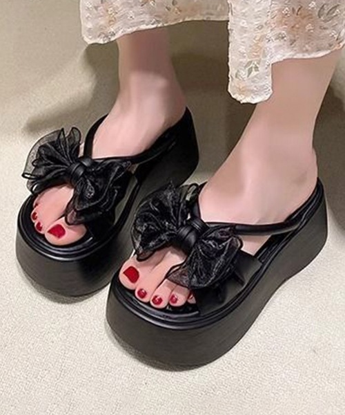Lace Ladies(レースレディース)の「チュール リボン レザー調 ストラップ 厚底 サンダル(サンダル・レディース・ブラック/アイボリー・23cm/22.5cm/23.5cm/25cm/24.5cm/24cm)」の1枚目の写真