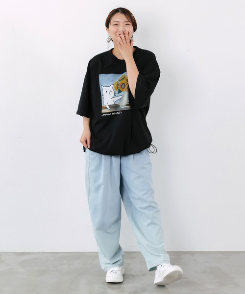 ScoLar Parity(スカラーパリティ)の「362118:ネコの襲来アート柄 ドロスト付き接触冷感Tシャツ(Tシャツ/カットソー・レディース・イエロー/オフホワイト/ピンク/ブラック・M)」の5枚目の写真