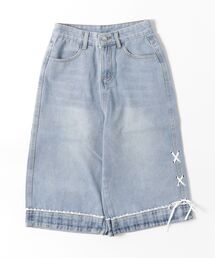 サテンリボンレースアップ 7分丈デニムパンツ